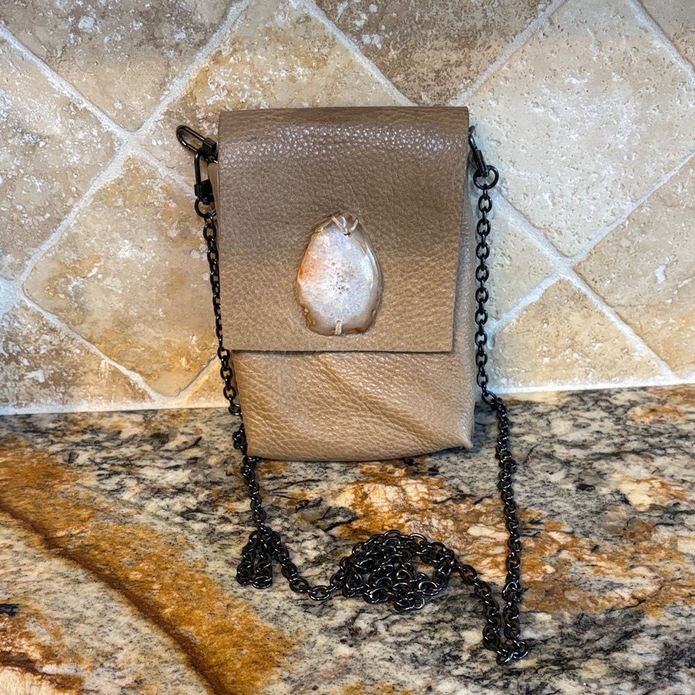 Evoke Women Tan Leather Crossbody Bag with Agate and Chain Strap